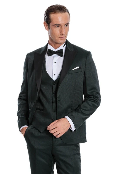 Çıkma Yaka Garnili Yeşil Erkek Damatlık - Wessi - Resim 7