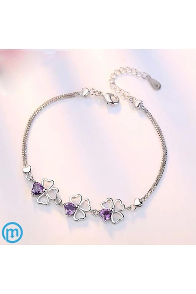 925 Ayar Gümüş Yonca Figürlü Kalpli Mor Taşlı Kadın Bileklik Sevgililer Günü Sevgiliye Hediyelik - Resim 2