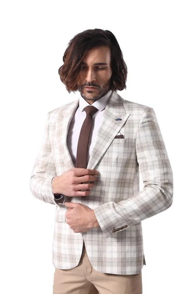 Tek Düğme Geniş Sivri Yaka Krem Ceket - Wessi ürün görseli 1