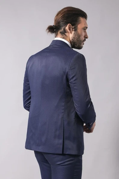 Çıkma Yaka Lacivert Garnili Damatlık | Wessi - Resim 6