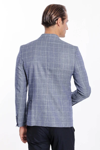 Tek Düğme Geniş Sivri Yaka Mavi Ceket - Wessi - Resim 10