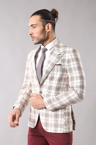 Tek Düğme Geniş Sivri Yaka Bej Ceket - Wessi - Resim 4