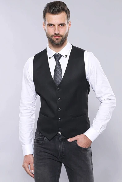 Düz Siyah Slim Fit Yelek Ceket Set - Wessi - Resim 3