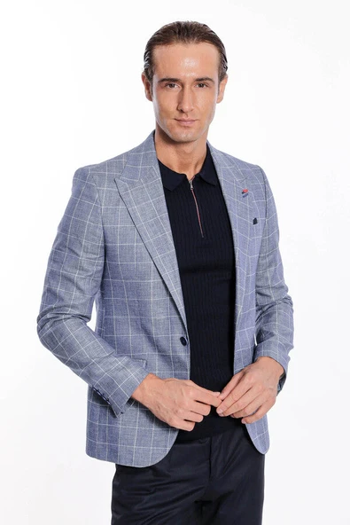 Tek Düğme Geniş Sivri Yaka Mavi Ceket - Wessi - Resim 5