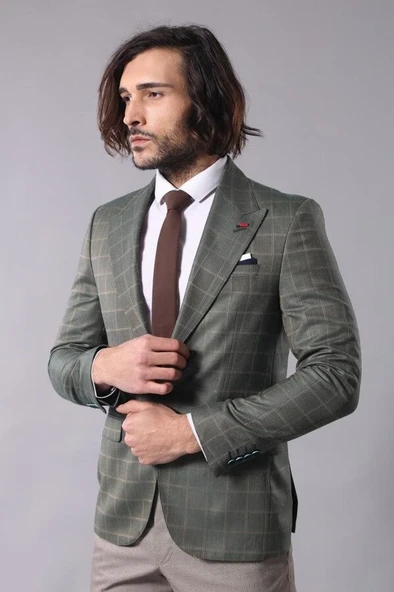 Tek Düğme Geniş Sivri Yaka Yeşil Ceket - Wessi - Resim 3