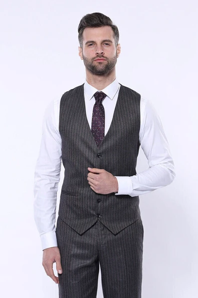 Çizgili Slim Fit Siyah Yelekli Takım Elbise - Wessi - Resim 8