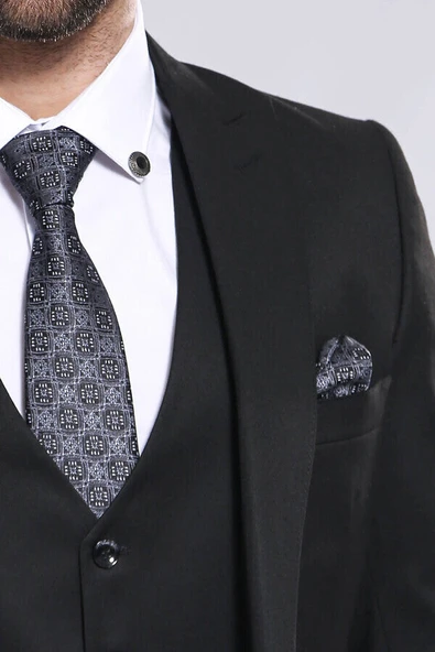 Düz Siyah Slim Fit Yelek Ceket Set - Wessi - Resim 2