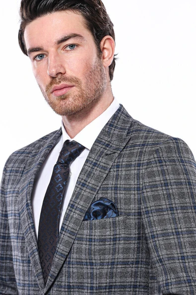 Ekose Slim Fit Lacivert Erkek Ceket - Wessi - Resim 2