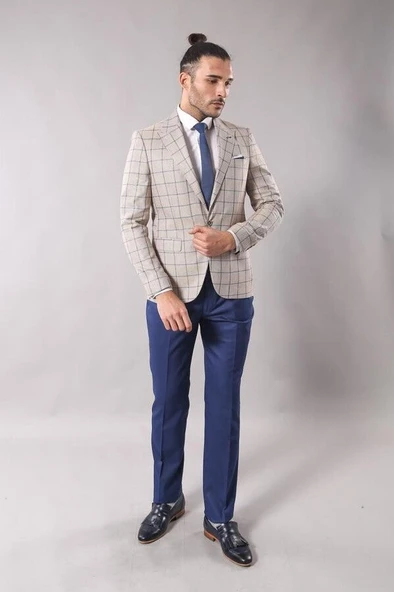 Sivri Yaka Tek Düğme Bej Ceket - Wessi - Resim 2