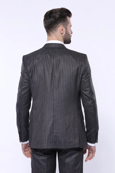 Çizgili Slim Fit Siyah Yelekli Takım Elbise - Wessi - Resim 5