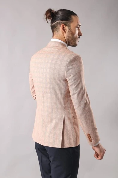 Ekose Tek Düğme Bej Ceket - Wessi - Resim 5