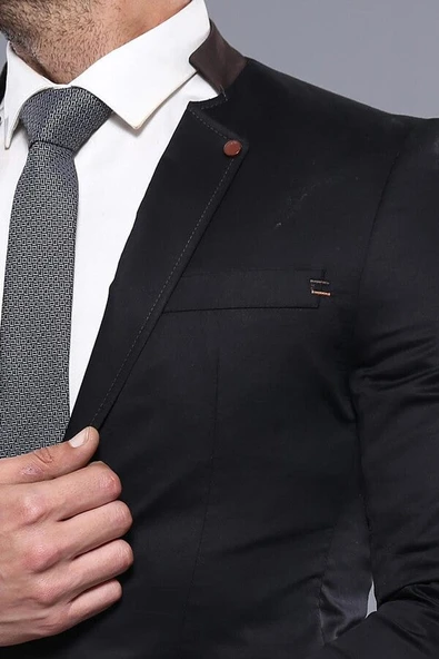 Tek Düğme Hakim Yaka Siyah Erkek Ceket - Wessi - Resim 2