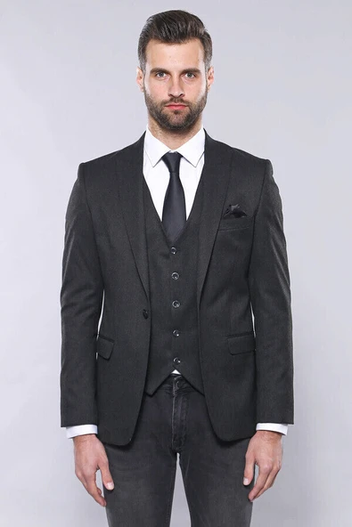 Düz Füme Slim Fit Ceket Yelek Set | Wessi - Resim 7