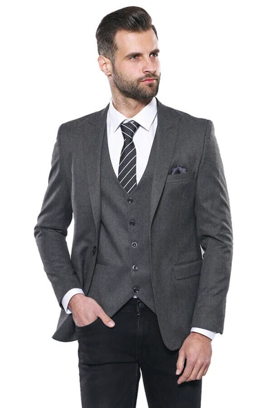 Düz Gri Slim Fit Yelek Ceket Set | Wessi ürün görseli 1