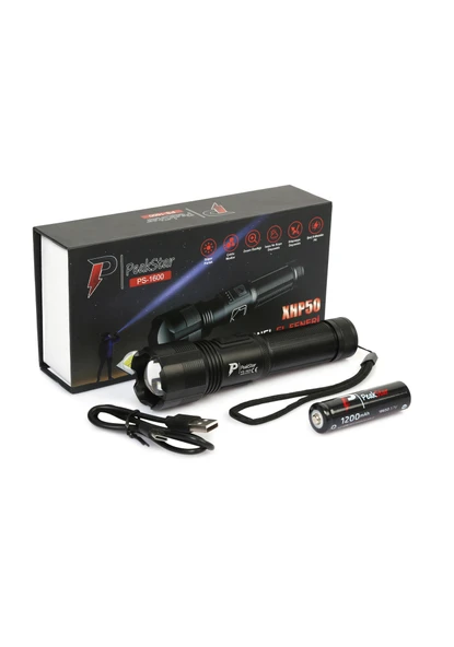 PeakStar Ps-1600 Süper Parlak Led Zoomlu 5 Mod Su Geçirmez Profesyonel Kamp Bekçi Avcı Feneri ürün görseli 1