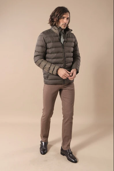 Kapitone Dik Yaka Cepli Kısa Haki Erkek Şişme Mont - Wessi - Resim 3