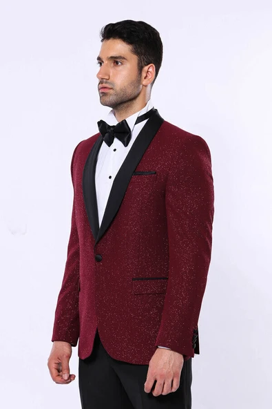 Bordo Şal Yaka Simli Smokin Ceket | Wessi - Resim 5