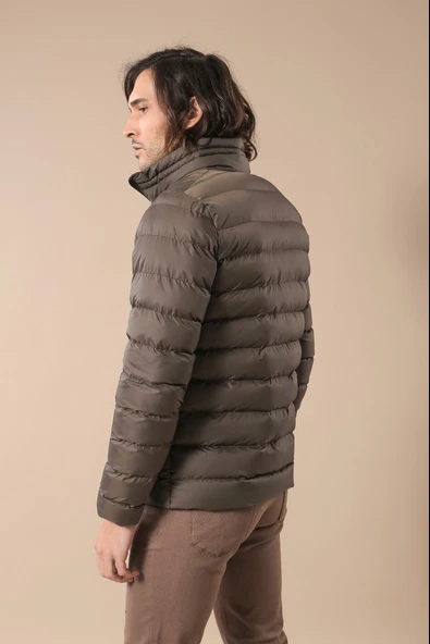 Kapitone Dik Yaka Cepli Kısa Haki Erkek Şişme Mont - Wessi - Resim 4