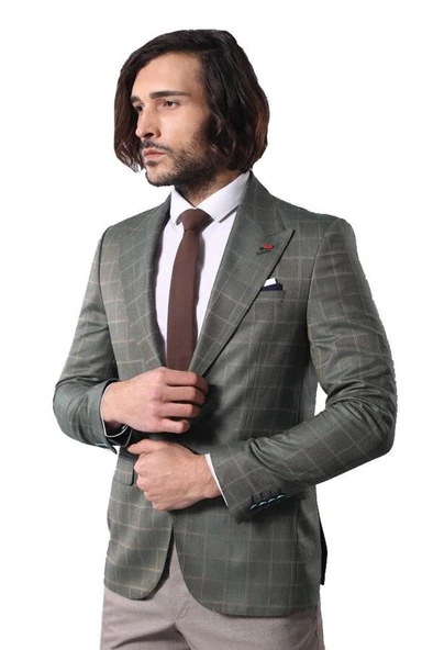 Tek Düğme Geniş Sivri Yaka Yeşil Ceket - Wessi ürün görseli 1