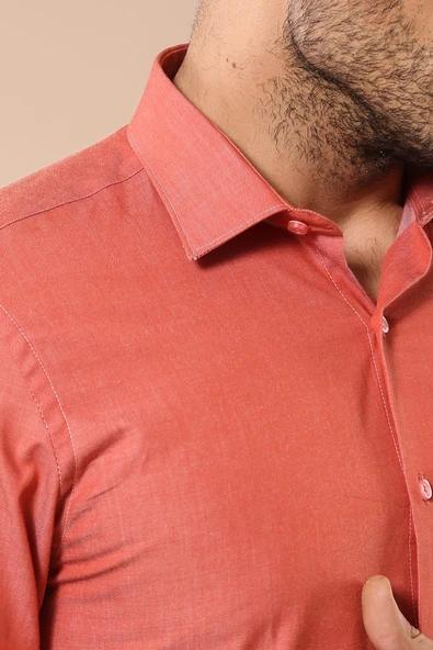 Desensiz Slim Fit Uzun Kollu Somon Rengi Erkek Gömlek - Wessi - Resim 4