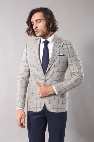 Sivri Yaka Tek Düğme Bej Ceket - Wessi - Resim 5