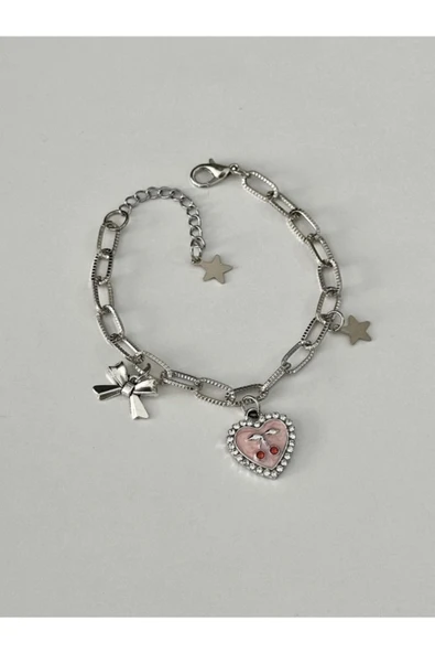 925 Ayar Gümüş Kadın Bileklik Kiraz Kalpli Charm Yıldız ve Fiyonk Figürlü Şık Tasarım - Resim 2