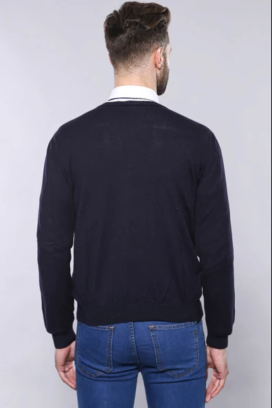 V Yaka Lacivert Erkek Triko | Wessi - Resim 5