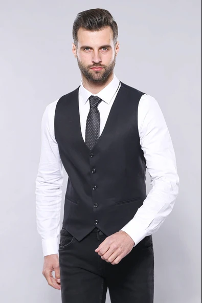 Düz Koyu Lacivert Slim Fit Ceket Yelek Set - Wessi - Resim 5