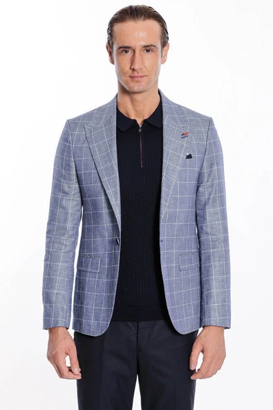 Tek Düğme Geniş Sivri Yaka Mavi Ceket - Wessi - Resim 8