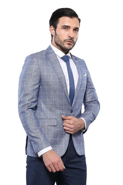 Ekose Sivri Yaka Mavi Ceket - Wessi ürün görseli 1