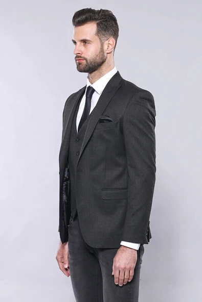 Düz Füme Slim Fit Ceket Yelek Set | Wessi - Resim 8