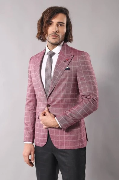 Tek Düğme Geniş Sivri Yaka Bordo Ceket - Wessi - Resim 3