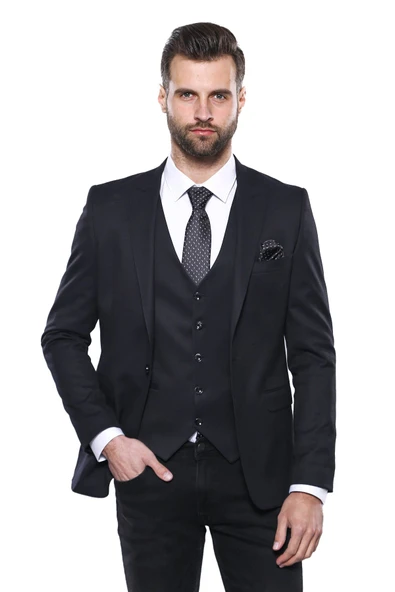 Düz Koyu Lacivert Slim Fit Ceket Yelek Set - Wessi ürün görseli 1