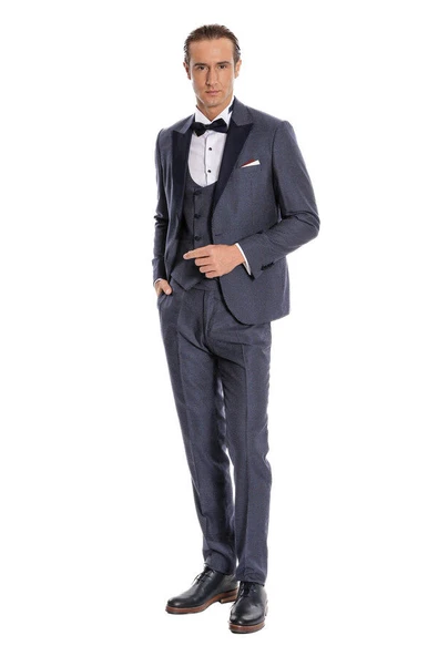 Çıkma Yakalı Yelekli Nokta Desenli Kruvaze Yelekli Lacivert Erkek Damatlık - Wessi - Resim 5