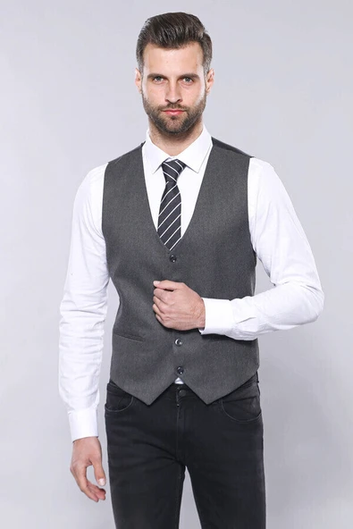 Düz Gri Slim Fit Yelek Ceket Set | Wessi - Resim 2