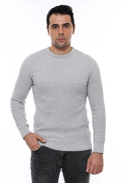 Desenli Bisiklet Yaka Açık Gri Triko - Wessi - Resim 3