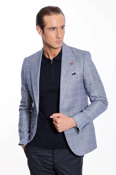 Tek Düğme Geniş Sivri Yaka Mavi Ceket - Wessi - Resim 7