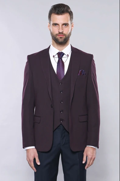 Düz Bordo Slim Fit Yelek Ceket Set | Wessi - Resim 3