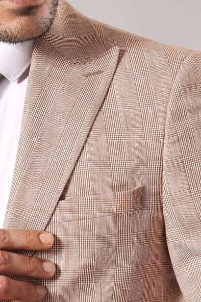 Ekose Tek Düğme Bej Ceket - Wessi - Resim 3