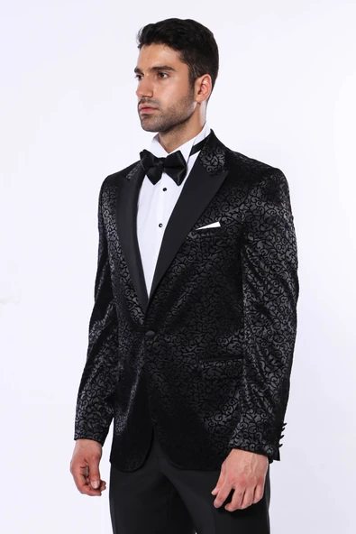 Siyah Desenli Smokin Ceketi | Wessi - Resim 4