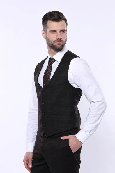 Ekose Yelekli Kombin Kahverengi Kaşe Kışlık Takım Elbise - Wessi - Resim 8