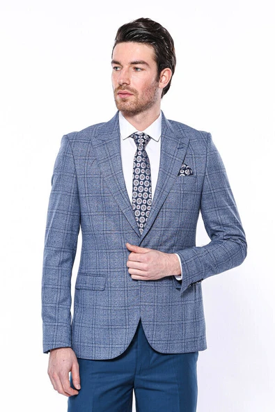 Ekose Slim Fit Tek Düğme Mavi Erkek Ceket - Wessi ürün görseli 1