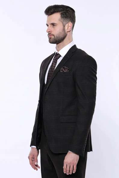 Ekose Yelekli Kombin Kahverengi Kaşe Kışlık Takım Elbise - Wessi - Resim 6