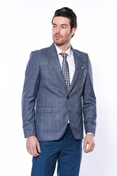 Ekose Tek Düğme Slim Fit Lacivert Erkek Ceket - Wessi - Resim 3
