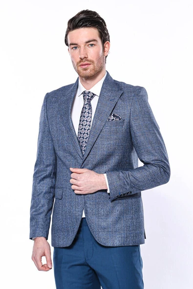 Ekose Tek Düğme Slim Fit Lacivert Erkek Ceket - Wessi - Resim 5
