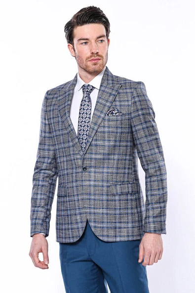 Ekose Slim Fit Tek Düğme Lacivert Erkek Ceket - Wessi - Resim 4