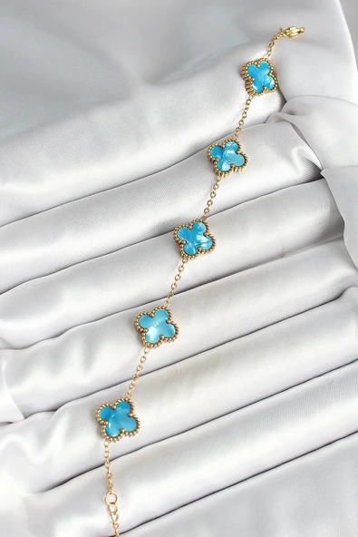 316L Çelik Sedefli Gökyüzü Mavisi Gold Renk Yonca Kadın Bileklik - TJ-BB6967 - Resim 2