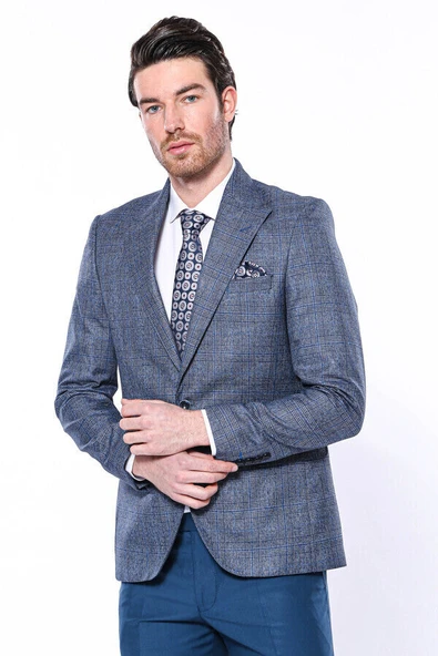 Ekose Tek Düğme Slim Fit Lacivert Erkek Ceket - Wessi - Resim 4