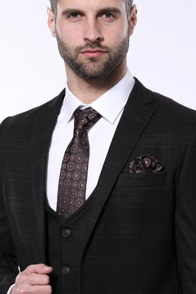 Ekose Yelekli Kombin Kahverengi Kaşe Kışlık Takım Elbise - Wessi - Resim 2