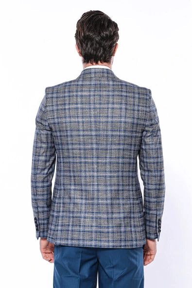 Ekose Slim Fit Tek Düğme Lacivert Erkek Ceket - Wessi - Resim 7